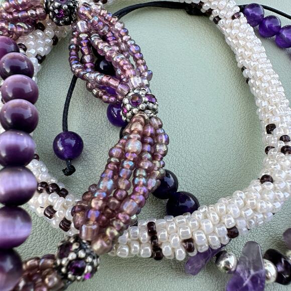 Purple Glass Seed Bead Cat Eye Amethyst Rhinestone Stretch Bracelet Stack - Picture 6 of 7